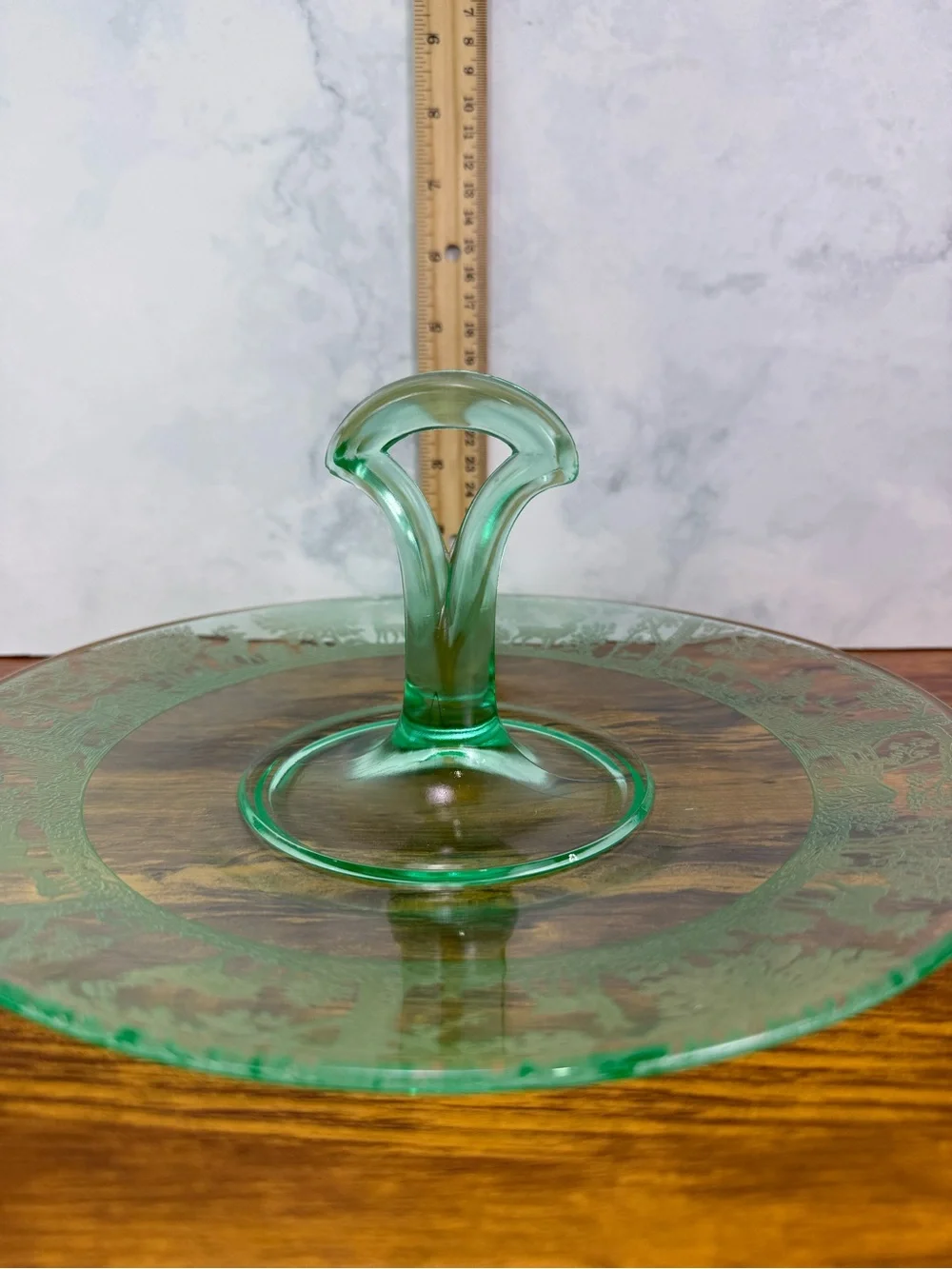 Vintage Tiffin Deerwood Uranium Glass Center Handle Tidbit Tray Etched Deer